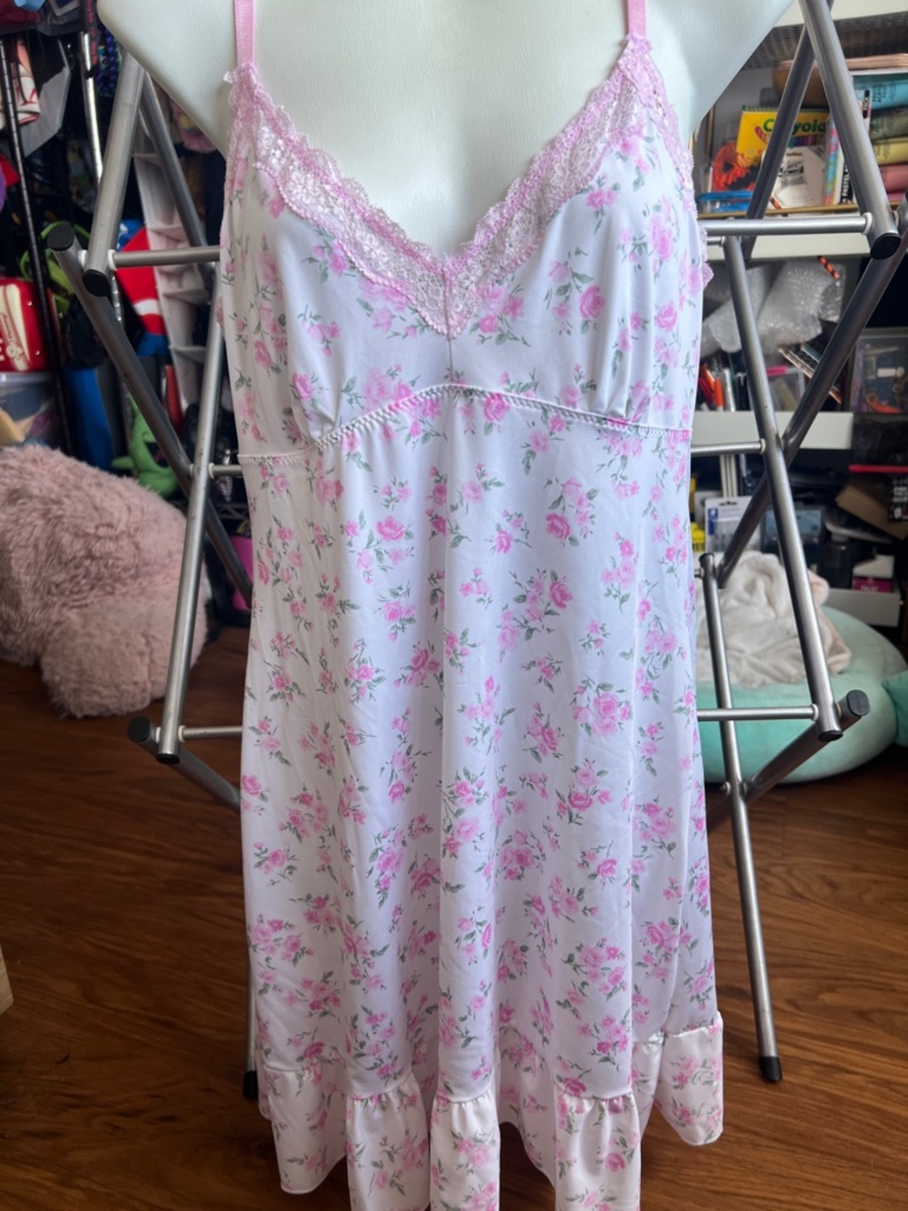Laura Ashley White Nightgown with Pink Floral Print and Lace Trim